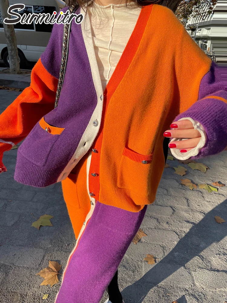 

SURMIITRO Y2K вязаный комплект из 2 предметов 2021 модный контрастный пэчворк осенне-зимний кардиган для женщин и юбка-карандаш Женская