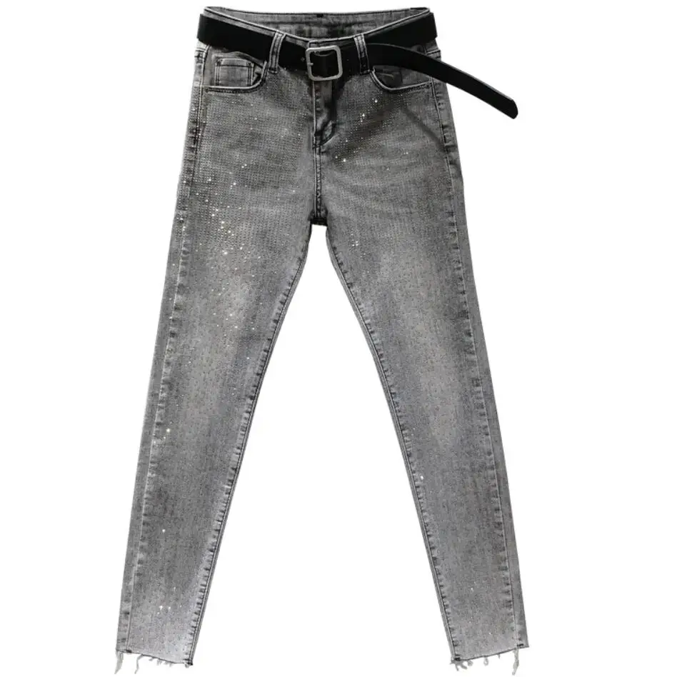 Новые женские модные джинсы до щиколотки со стразами повседневные джинсовые