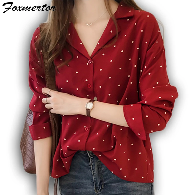 Блузка женская с отложным воротником модная рубашка в горошек элегантная