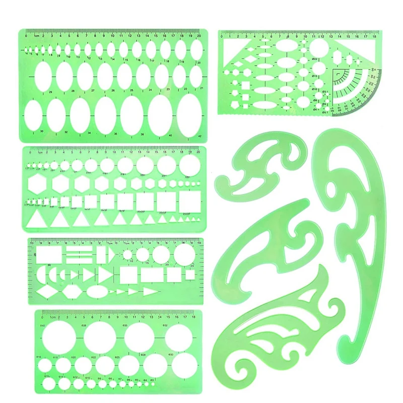 

9 шт., геометрические шаблоны, измерительные линейки, прозрачные зеленые пластиковые линейки для дизайна