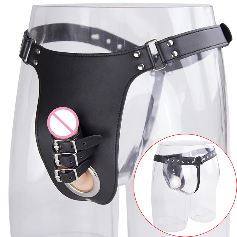 Кожаные стринги с тремя пряжками бондаж на пенис трусики целомудрия кольцо