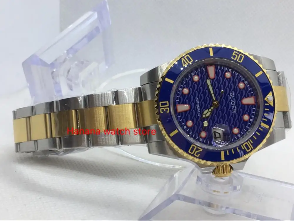 Sapphire Crystal BLIGER 40MM Blue Dial Men's Watch Ceramic Bezel Gold Plated Stainless Steel Case MIYOTA Automatic Movement | Наручные