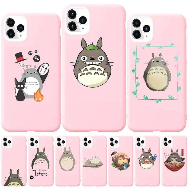

Cute Cartoon Happy Totoro Phone Case for iphone 13 12 11 Pro Max X XS Max XR Solid Candy Color Shell For iPhone 7 8 6 6S Plus