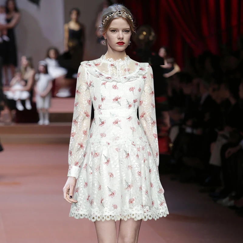 

Dress Spring classy dresses for women famous brand high quality runway Long sleeve Lace Ruffles Floral Print Elegant Dresses