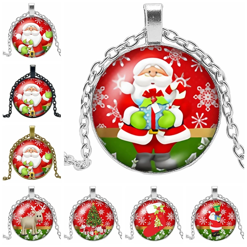 

2020 New Santa Claus Gift Necklace Glass Cabochon Silver Pendant Necklace for Children's New Year Gift