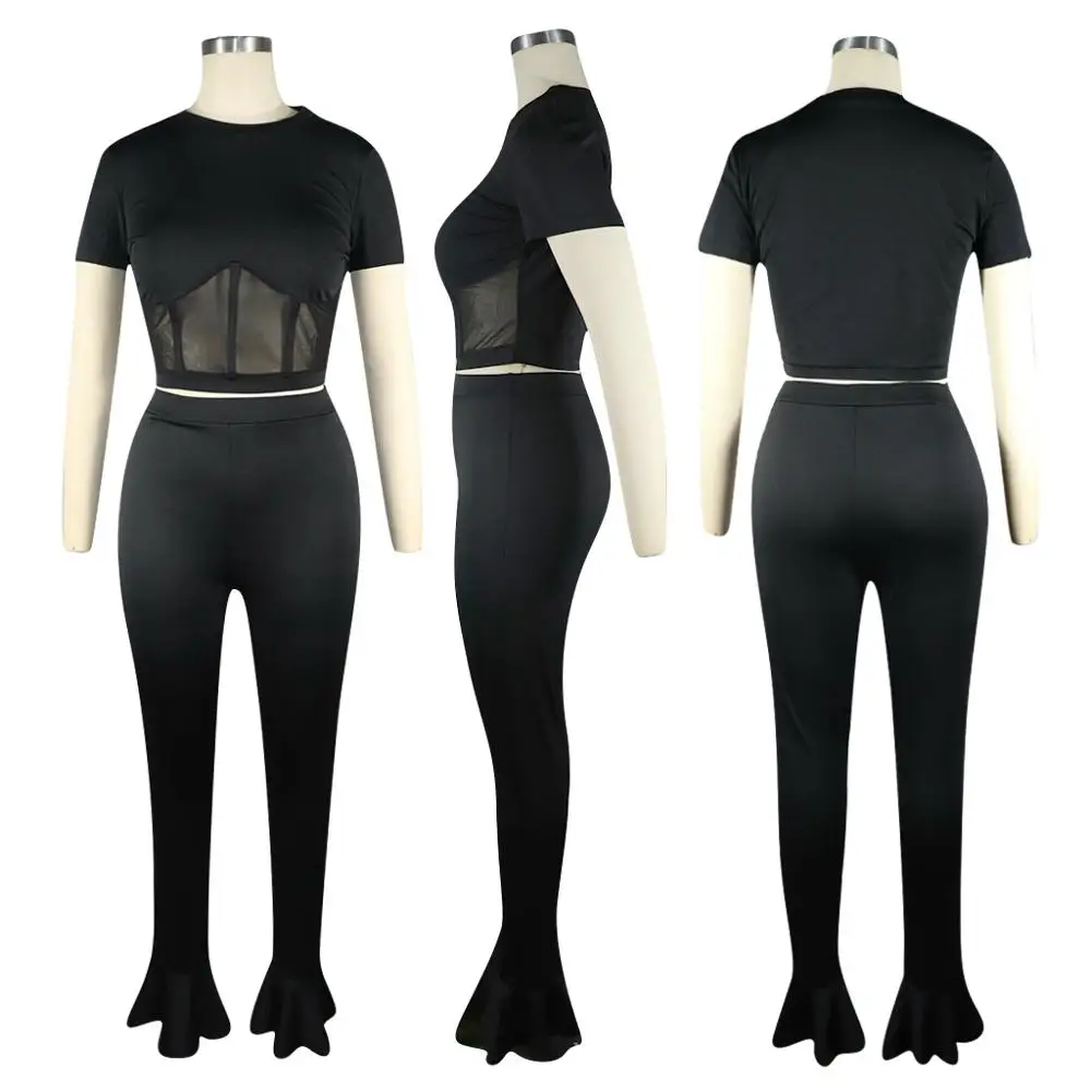 

Women Tracksuit Summer 2 Piece Set Casual Sheer Mesh Short Sleeve Crop Tops T-Shirt Flare Pants Suit Street Matching Set Jogging