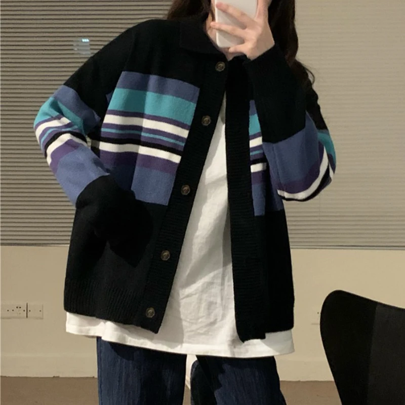 

Casual BF Style Loose Striped Cardigan Jacket Simple Long Sleeve Single Breasted Women Jacket 2021 Spring Autumn Women Outerwear
