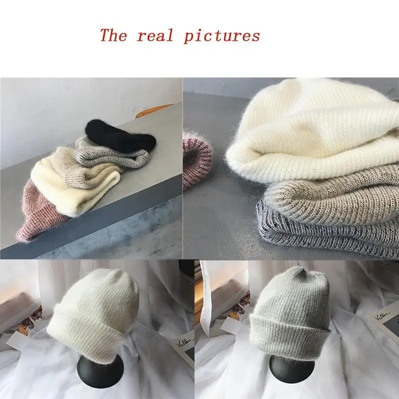 

Women knitted Winter Hat female Warm Rabbit fur beanie Girls Solid Bonnet women Skullies beanies Soft Hats wool beanies