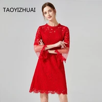 taoyizhuai midi casual dress round neck three quarter flare sleeves hollow out above knee length festival party dress