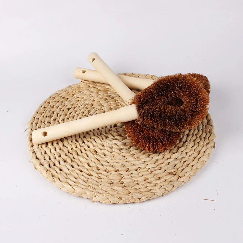 Натуральная Кокосовая коричневая щетка для кастрюль с деревянной ручкой без