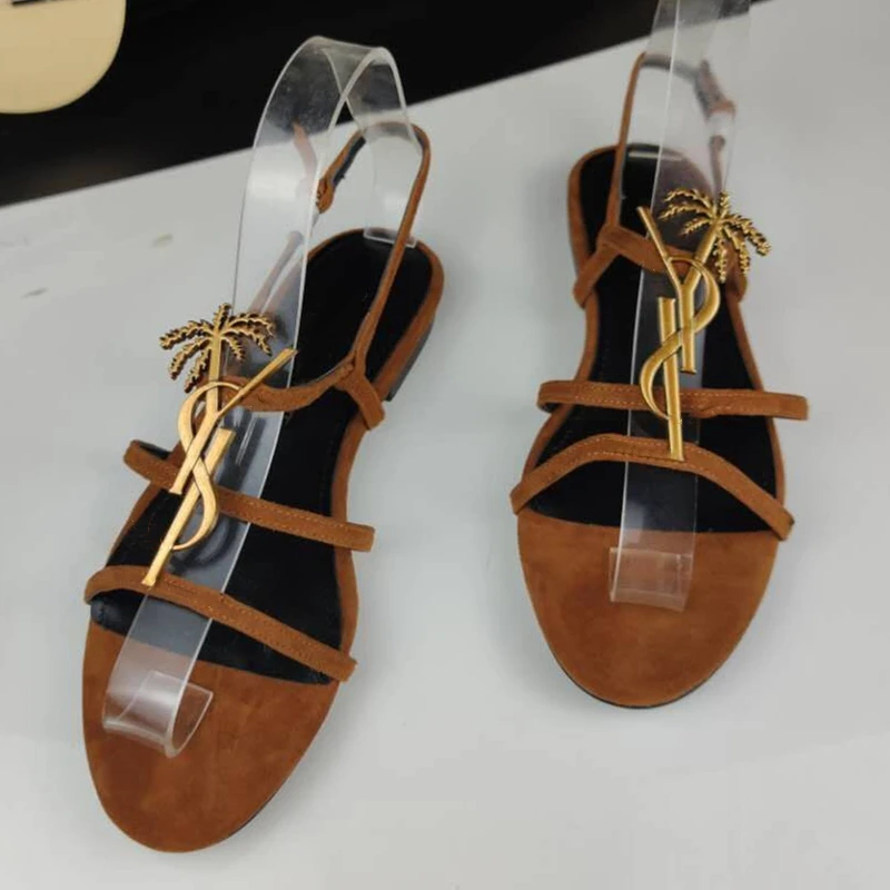 

Women Genuine Leather Sandal Classics Brand Metal YL Logo Women Flat Sandals Open Toe Round Head Sandal Size 34-43