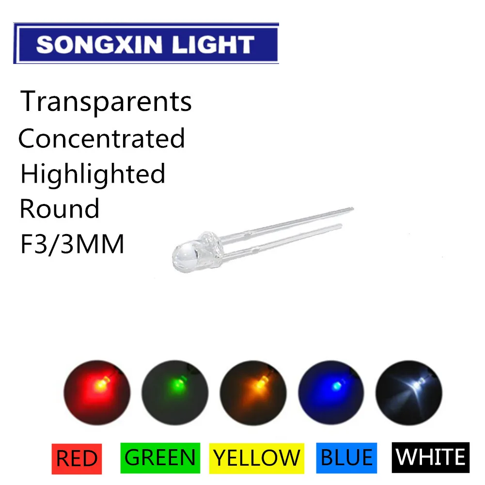 (250pcs/pack)(LED|Round 3MM) 3MM LED Assortment Kit Ultra Bright Water Clear Green/Yellow/Blue/White/Red Light Emitting Diode |