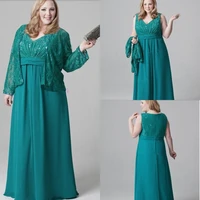 plus size emerald green mother of the bride lace dresses with jacket 2015 chiffon beading party gown sexy v neck floor length