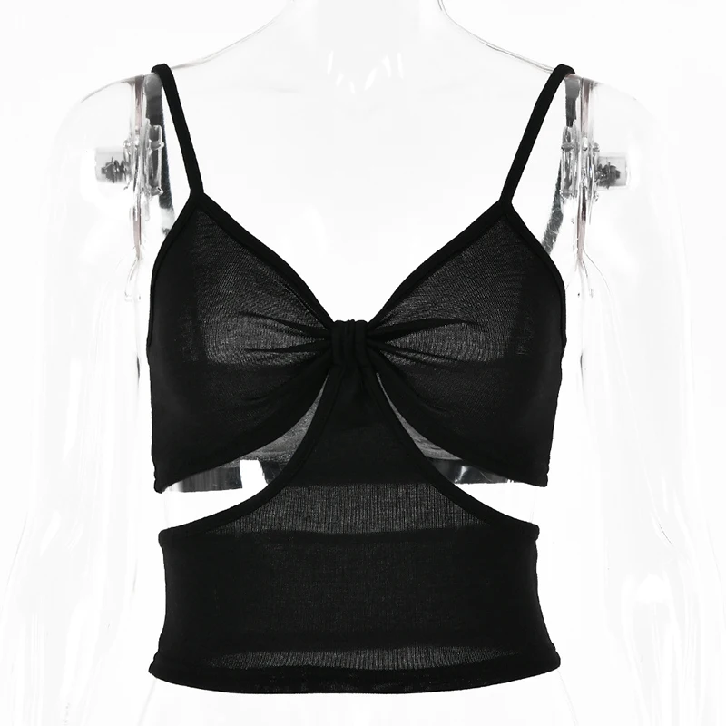 

ONEINALL Sexy Vet For Women V Neck Sleeveless Hollow Out Tunic Slim High Waist Solid Vets Female Summer Clothing 2021 New Style