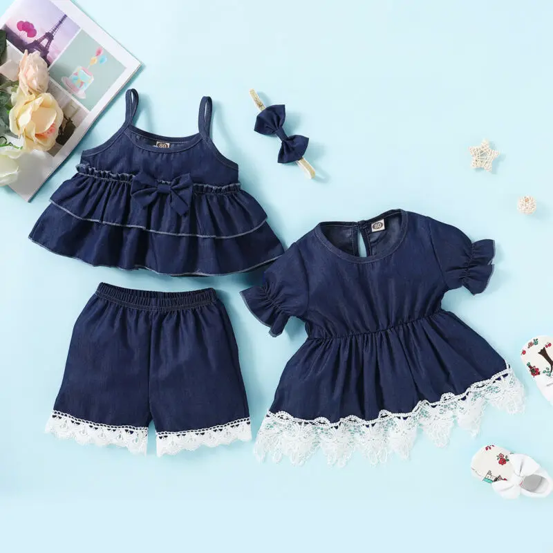 Новый Модный летний комплект одежды с бантом для маленьких девочек джинсовый