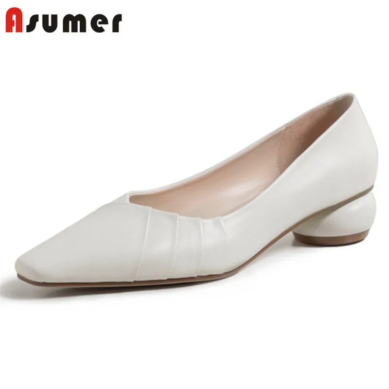

Asumer Round High Heels Women Genuine Leather Single Shoes Square Toe Slip On Spring Summer Classic Party Shoes Women Pumps