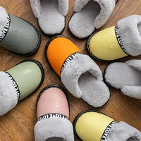 pu waterproof non slip women cotton slippers fluffy furry winter men slippers home plush slides indoor flat with couples shoes