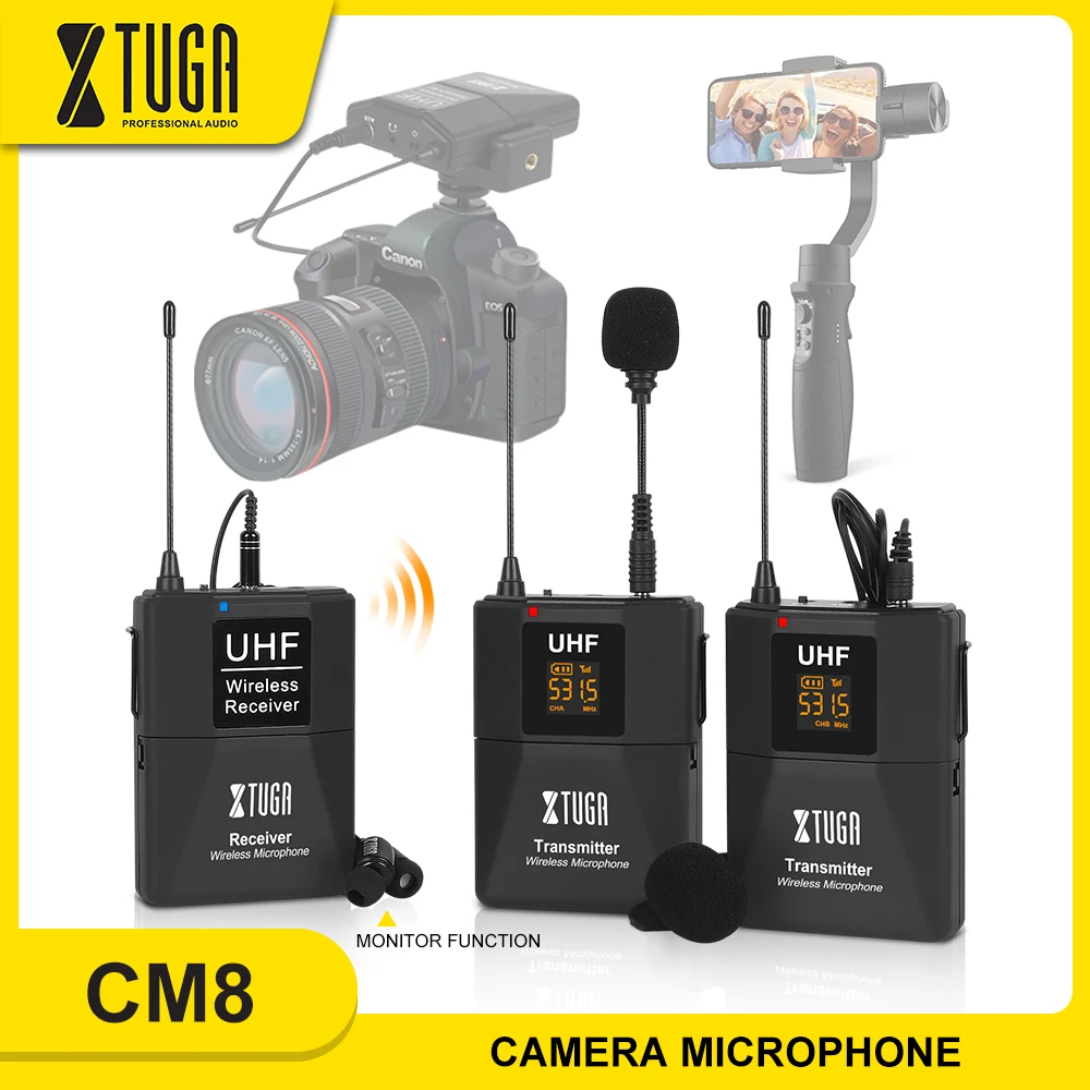 XTUGA двухканальный микрофон для камеры UHF Беспроводной петличный с функцией аудио