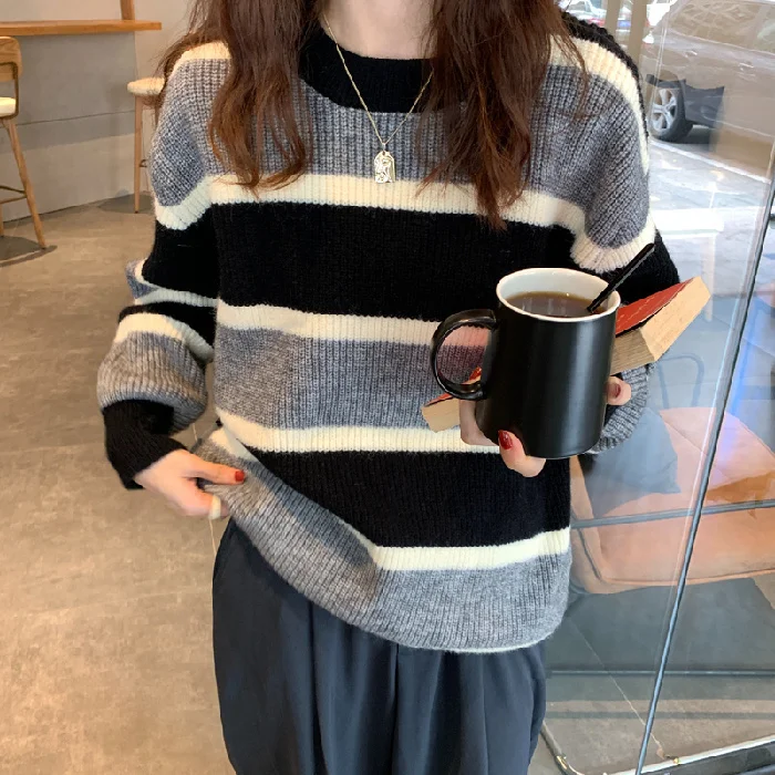 

Вязаный свитер в Корейском стиле ретро пуловер контрастных цветов полосатый бархатный свитер для женщин осень