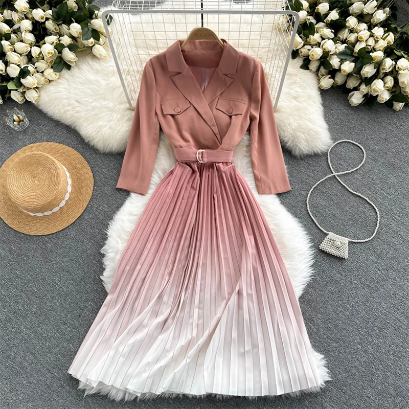 

Fitaylor New Spring Autumn Gradient Pleated Dress Office Lady Slim High Waist A-line Long Dress Women Fashion Lace-up Dress