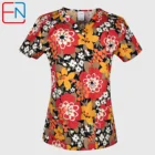 Женский скраб-топ с V-образным вырезом, 100% хлопок, цветочный принт, XXS-XXXL, 11, скраб-Топ s