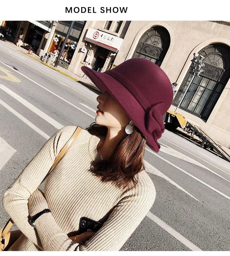 

Women Warm Wool Felt Flowers Hat Ladies Wide Brim Hat Autumn Winter Noble Elegant Girls Fashion Party Cap Decoration