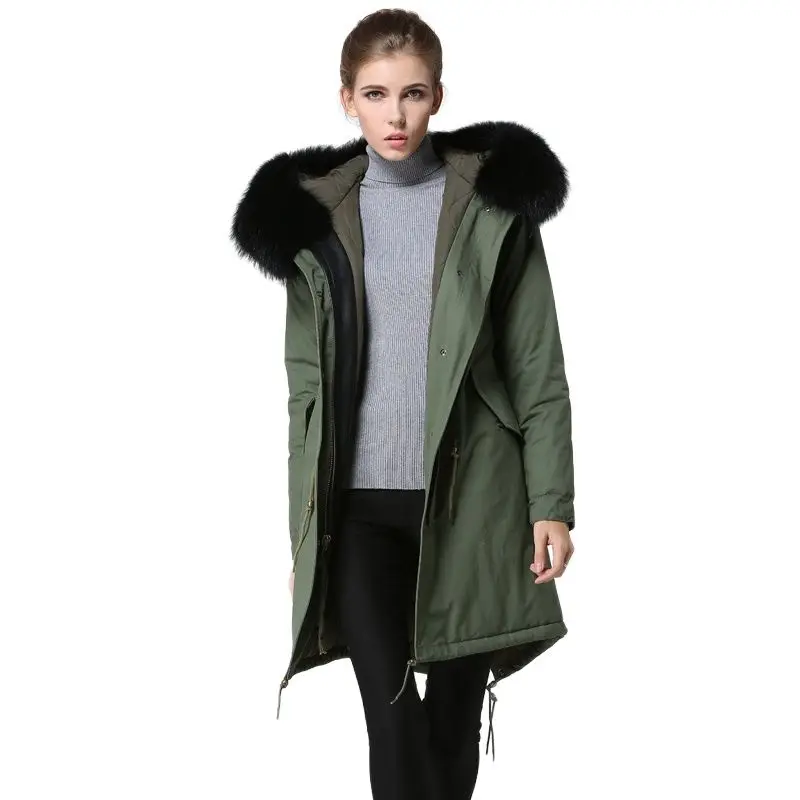 Новейшая длинная стильная зимняя меховая куртка армейского зеленого цвета