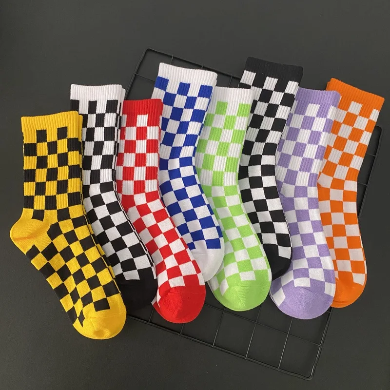 

Adult Mid Crew Funny Socks Lattice Grid Check Plaid Cell Chequer Street Fashion Sox Purple Green Blue Black White Red Chessboard