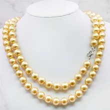 Natural Stone 8 10 12mm gold-color AAA south sea shell pearl necklace 36INCH beads Hand Made jewelry making Wholesale Price