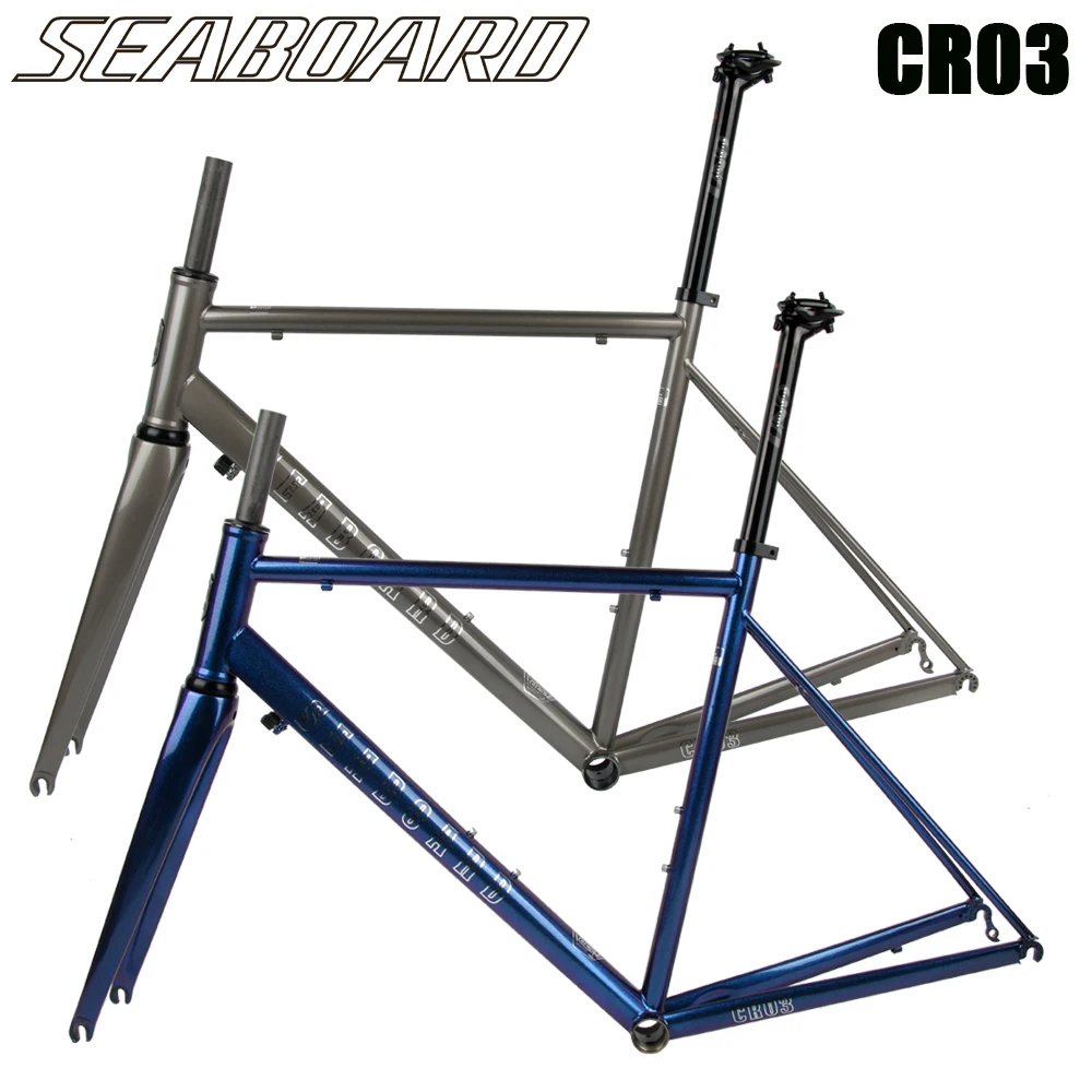 

Seaboard CR03 Chrome Frame Carbon Fork Heat Treatment Steel Road Bike 700C CR-MO 4135 4130 Frameset Caliper Brake Blue Silver