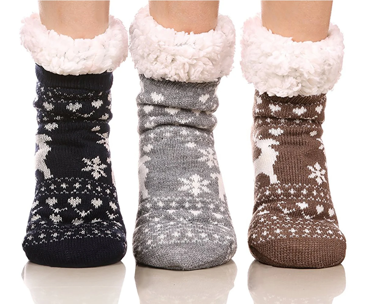 navy gray brown Skinfullysweet/Стильные домашние носки-тапочки с оленем домашние тапочки женские зимние теплые пушистые Нескользящие домашние носки-Тапочки - Цвет: navy gray brown