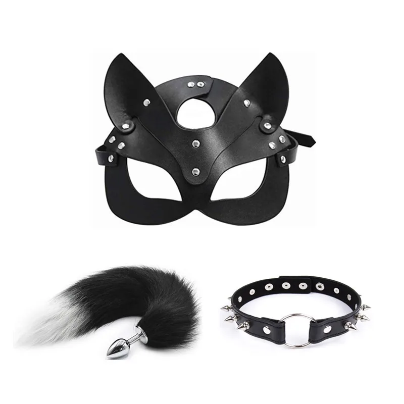 

3pcs Erotic Mask Sexy collar Sex 40cm Fox Black and white stitching Tail Metal Butt Plug Cosplay BDSM Bondage toys for adults