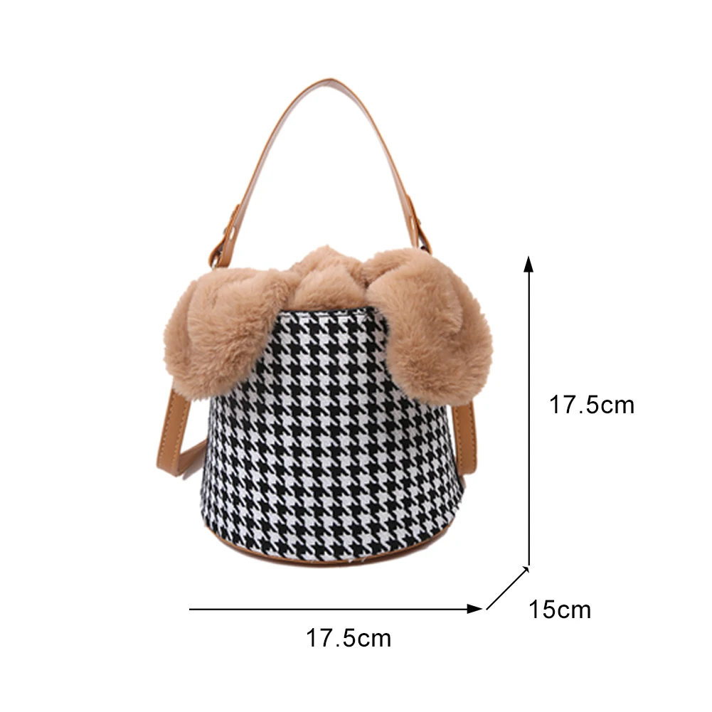 

Fashion Plaid Pattern Messenger Bag Women Vintage Plush Shoulder Handbag Commuter Street Bucket Tote Cute Top-handle Clutch