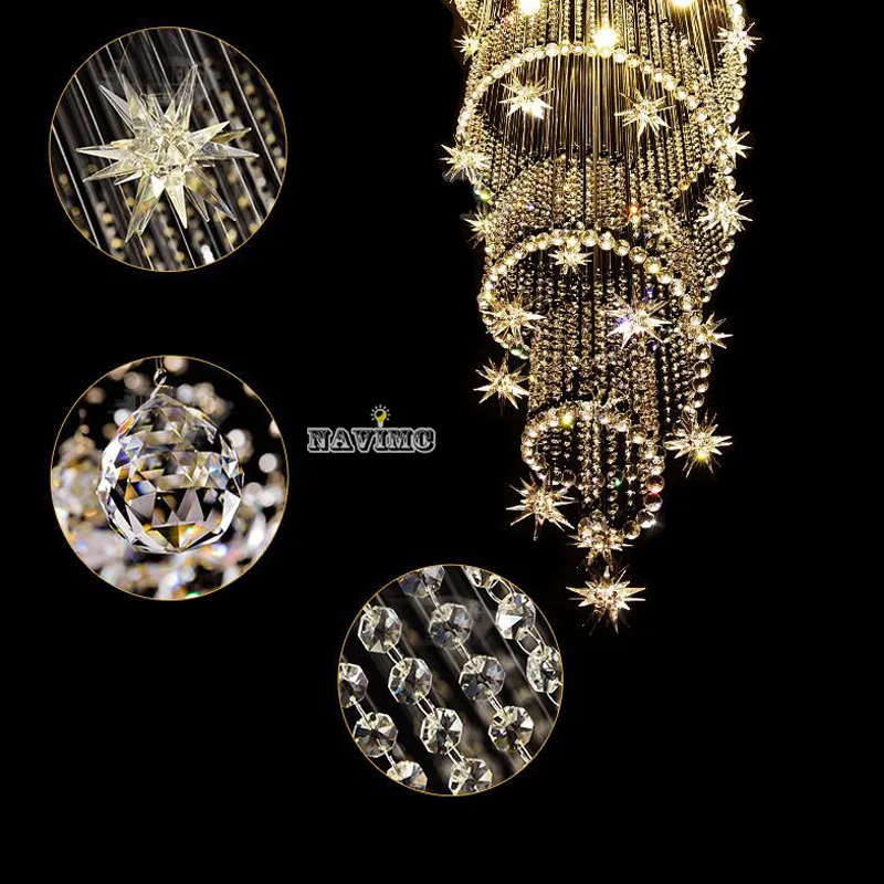 

NAVIMC Modern Crystal Chandelier Moon and Star Spiral Shape Design chandeliers For Lobby Stair lighting lamps