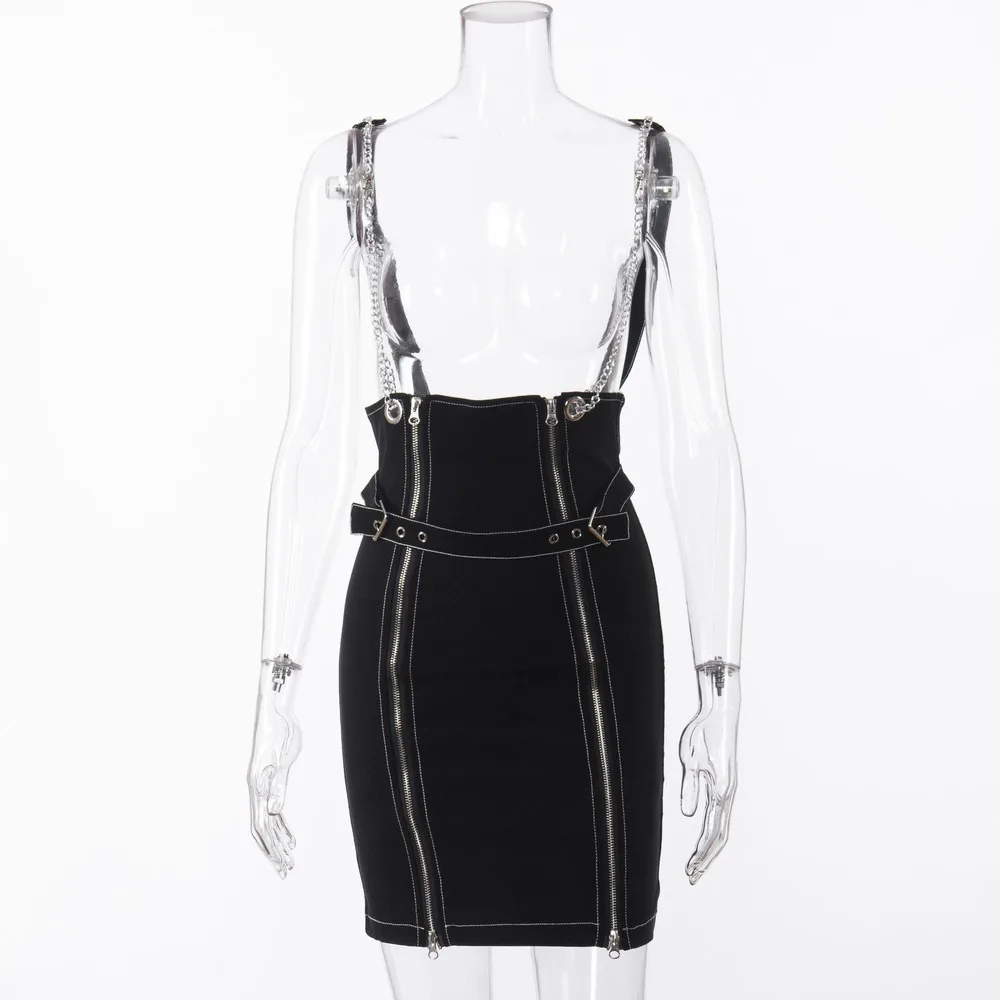 

2021 Autumn Winter Harajuku Vintage Black Punk Mini Fashion Exy Dress Metal Chain Double Zipper Spaghetti Strap Retro Dresses
