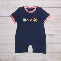 summer clothes boy red plaid cuffs navy blue short sleeve helicopter and fighter embroidery pattern toddler romper