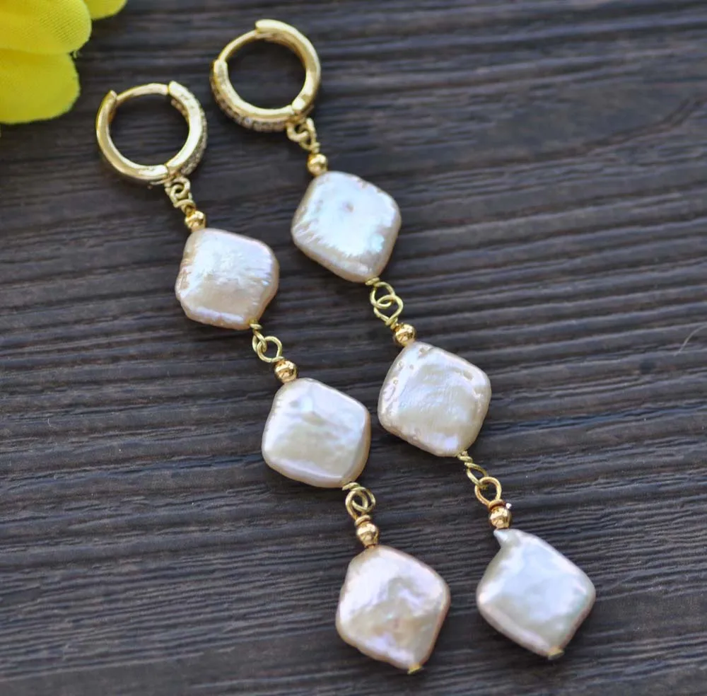 

Z10033 3Line 13mm Pink Rhomb Coin Pearl Dangle Earring