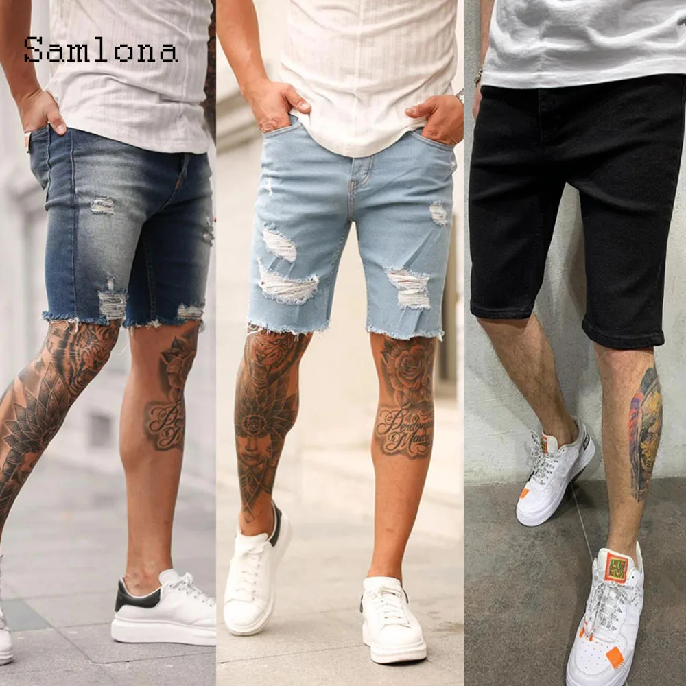 Men's Denim Shorts Sexy Leisure Jean Half Pants Hole Ripped Patchwork 2021 Summer Casual Skinny Demin Short Jeans Male Clothing