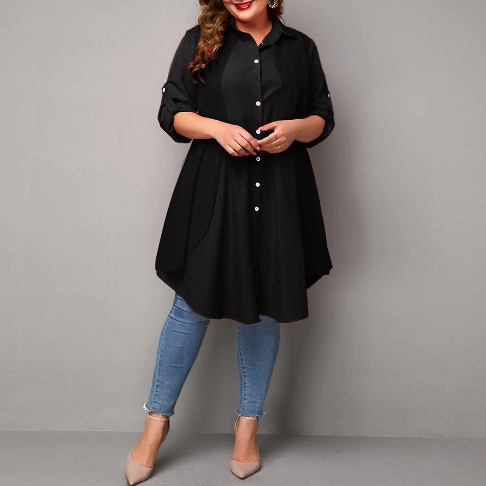 

Plus Size Women's Blouse Asymmetric Hem Fashion Polka Dot Turndown Collar 2021 New Autumn Casual Button Blusas Oversized Shirt
