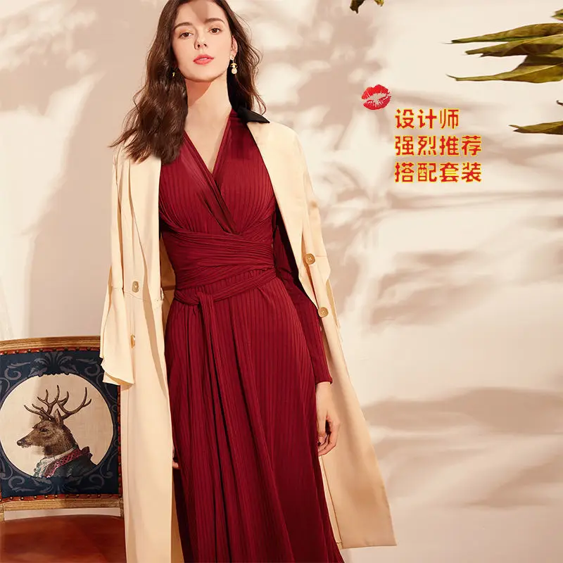 

New dress V-Neck long sleeve goddess over the knee high waist temperament fashion close waist show thin knitting long skirt