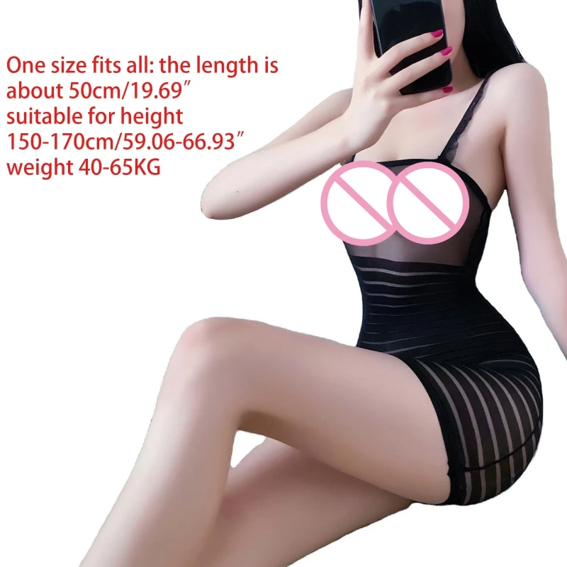

Women Ruffles Spaghetti Straps Lingerie Sexy Backless See-Through Mesh Stripes Bodycon Mini Dress Babydoll Nightwear