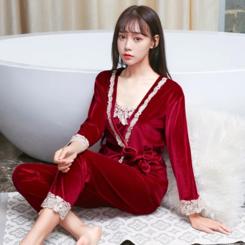 

Autumn 3 Pieces Pajama Set Women Lace Golden Velvet Long Sleeve Fashion Sleepwear Sexy Pajamas Sets Homewear Comfort Nightwear