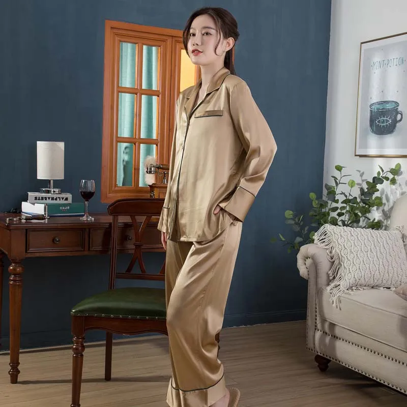 Women's Silk Pajamas Autumn And Winter Two-Piece Suit Split Long Sleeve Mulberry  Home Clothing