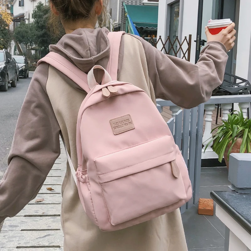 Pink Backpack Waterproof Nylon Women Travel Backpacks Solid Japanese style School Bag for Teenage Girls With Chinese characters | Багаж и