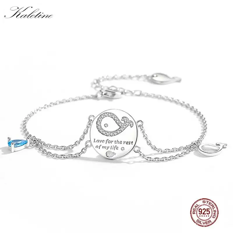 KALETINE-pulsera con letras para mujer, brazalete de Plata de Ley 925 auténtica, ballena, piedra azul, amor por el resto de mi vida, pulsera chacra