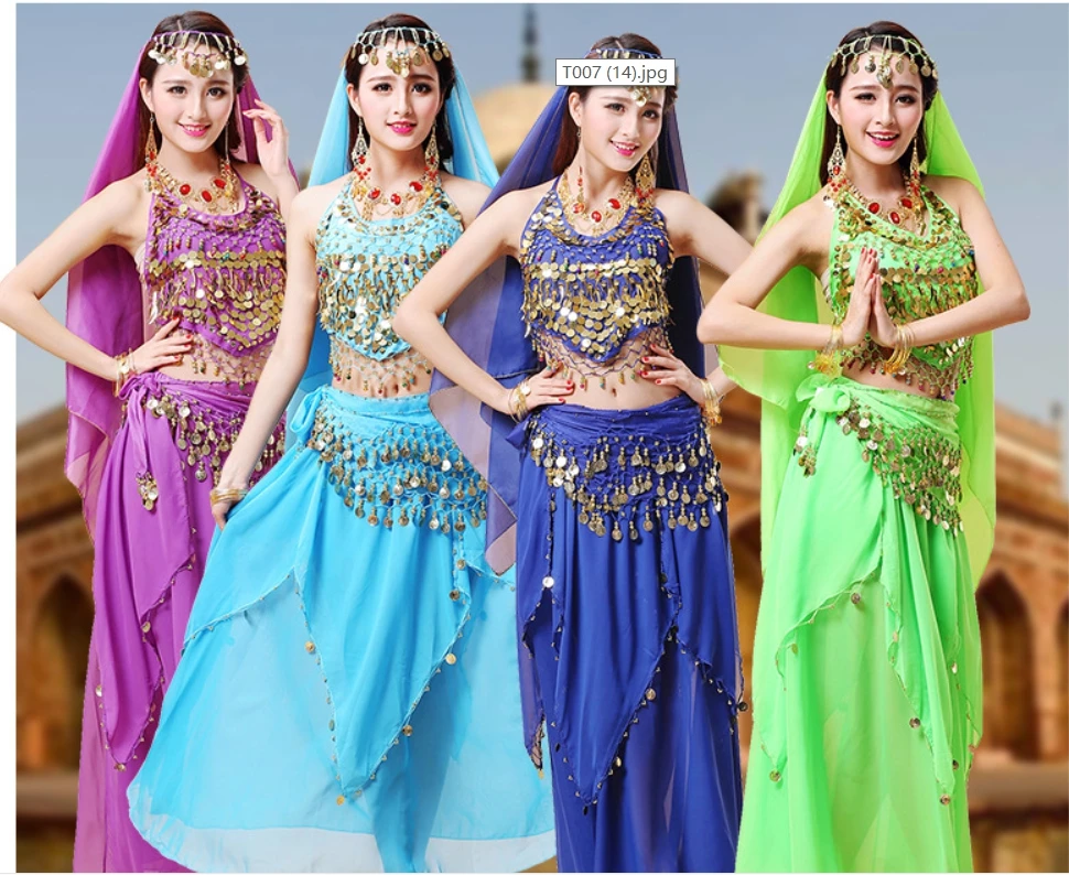 Индийский танец сари живота юбка костюм для женщин шифон 5 шт. Болливуд набор