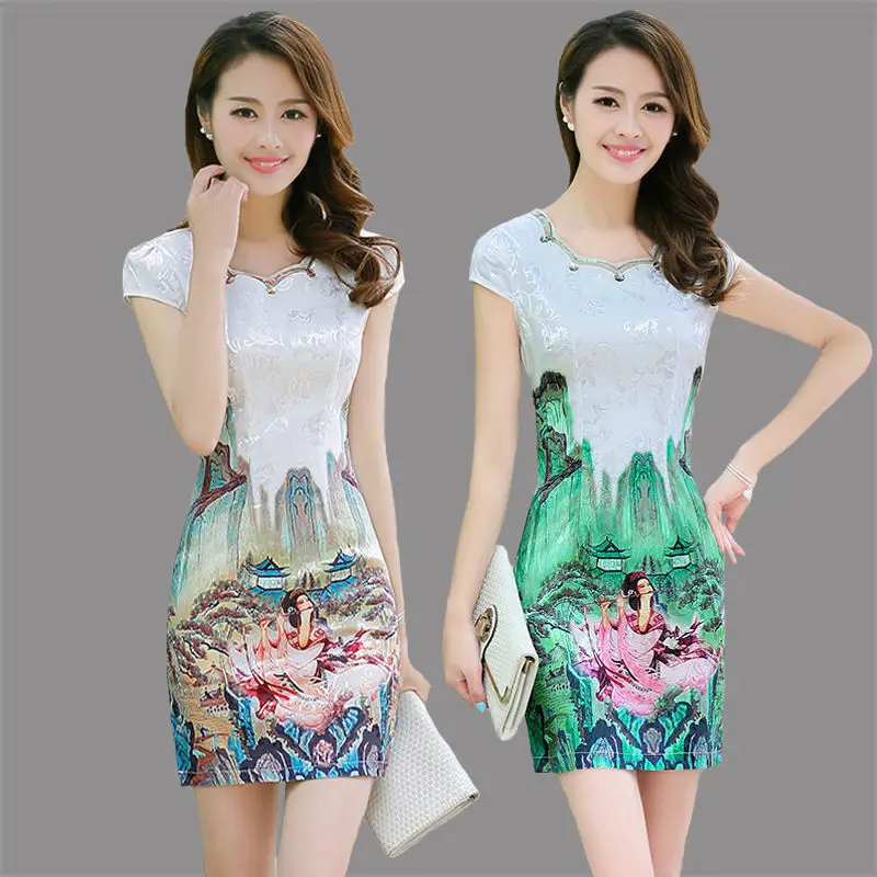 

Short modified hip wrapped cheongsam dress women's 2021 summer retro slim print national style