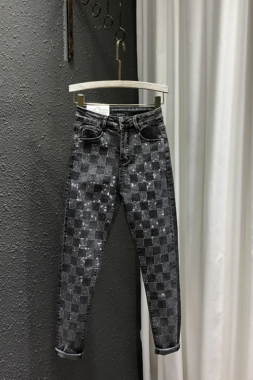 

2021 Spring New Korean Style Fashionable Slim Fit Starry Hot Rhinestone Skinny Denim Pencil Pants for Women High Waisted Jeans