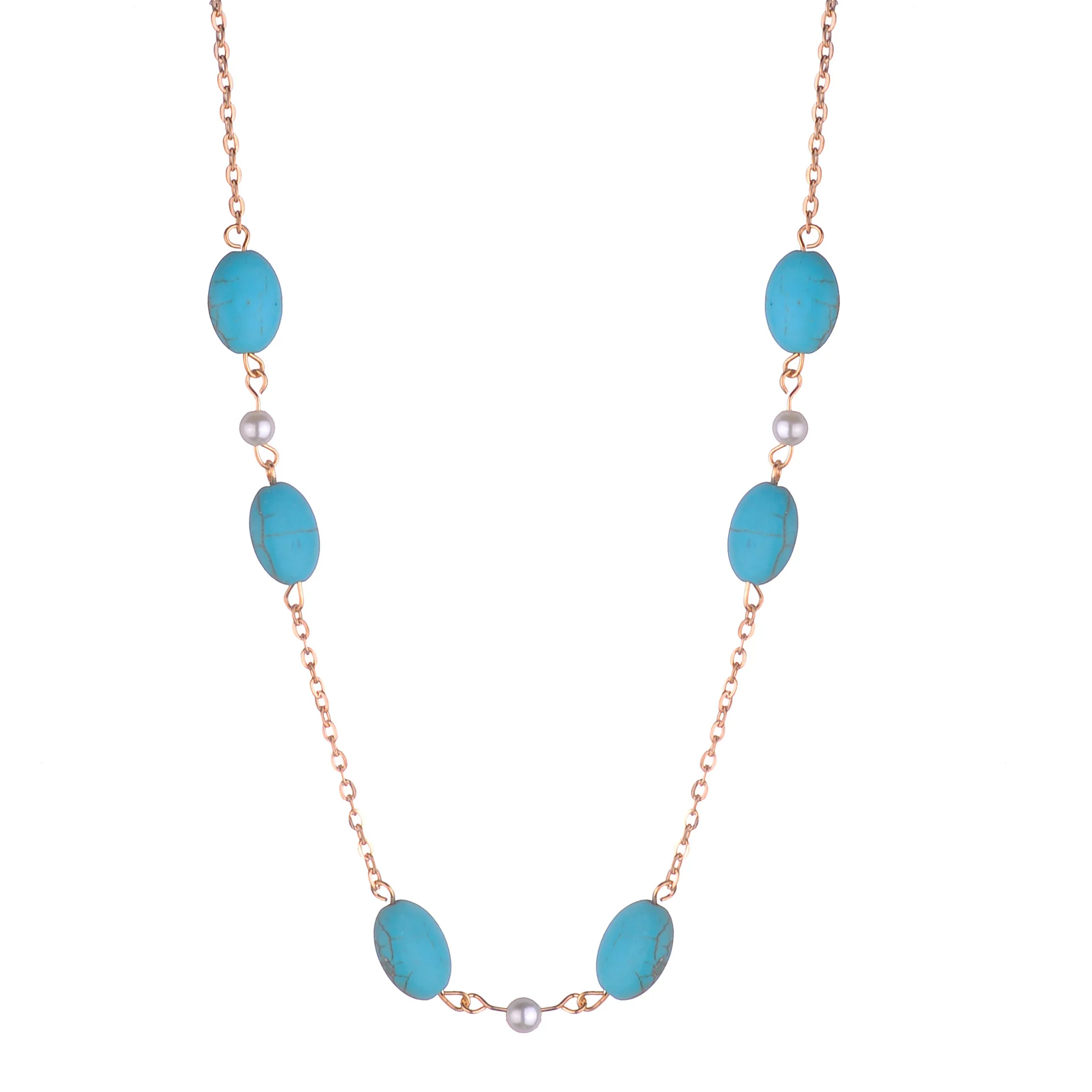 Turquoise Beaded Necklace Long Sweater Chain Women Ladies Gold Metal Ketting Collier Ethnique Boheme Collar Mujer Femme |