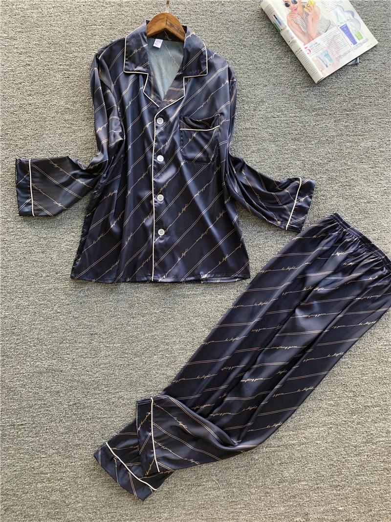 Новая мужская пижама кардиган повседневная удобная имитация шелка брюки с